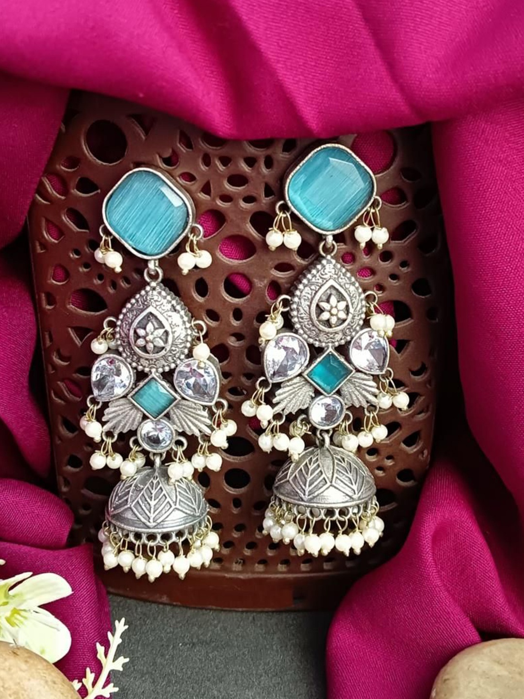 

Efulgenz Silver-Plated Dome Shaped Crystal Oxidised Jhumkas