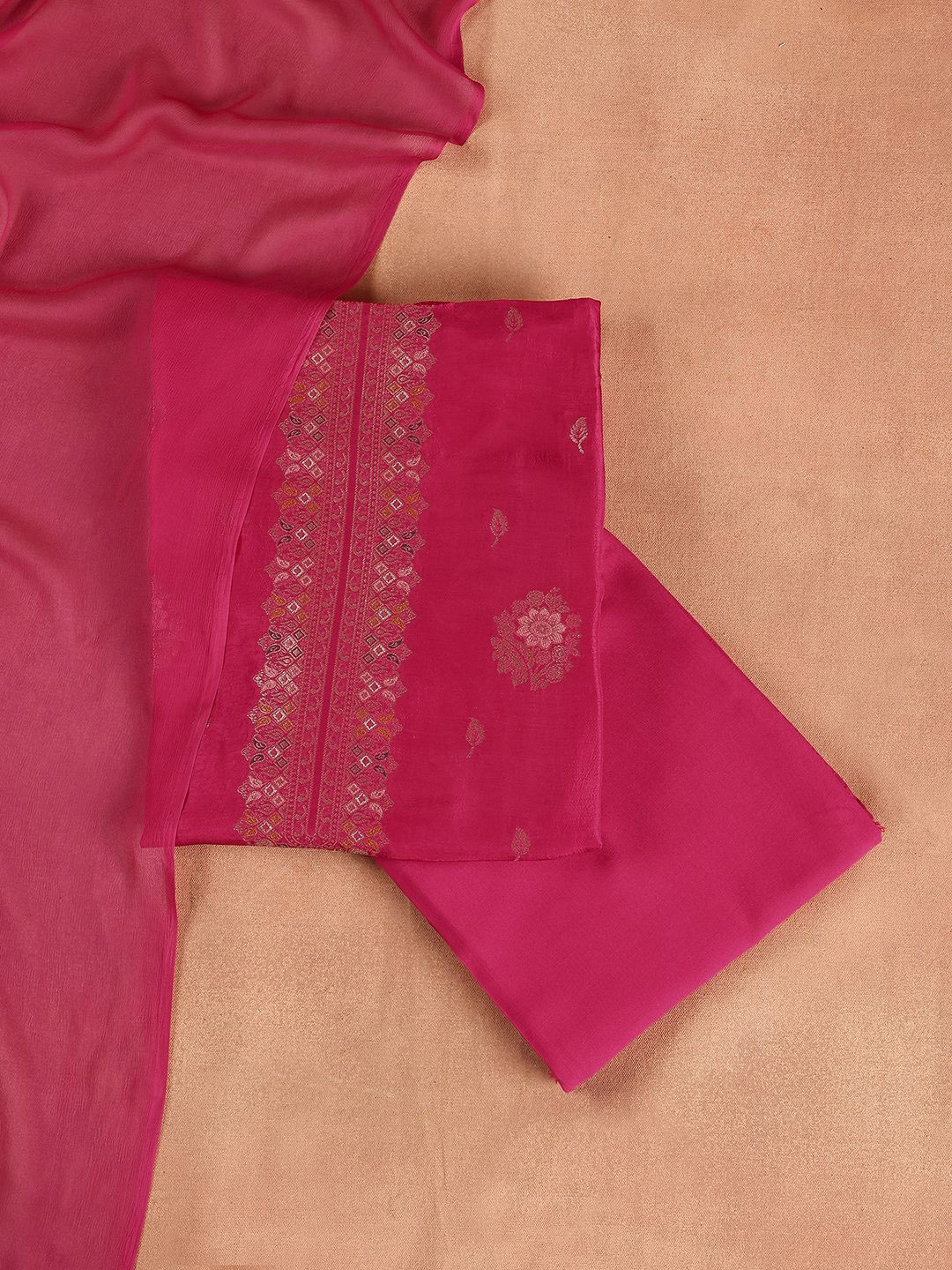 

Libas Pink Floral Woven Design Zari Unstitched Dress Material