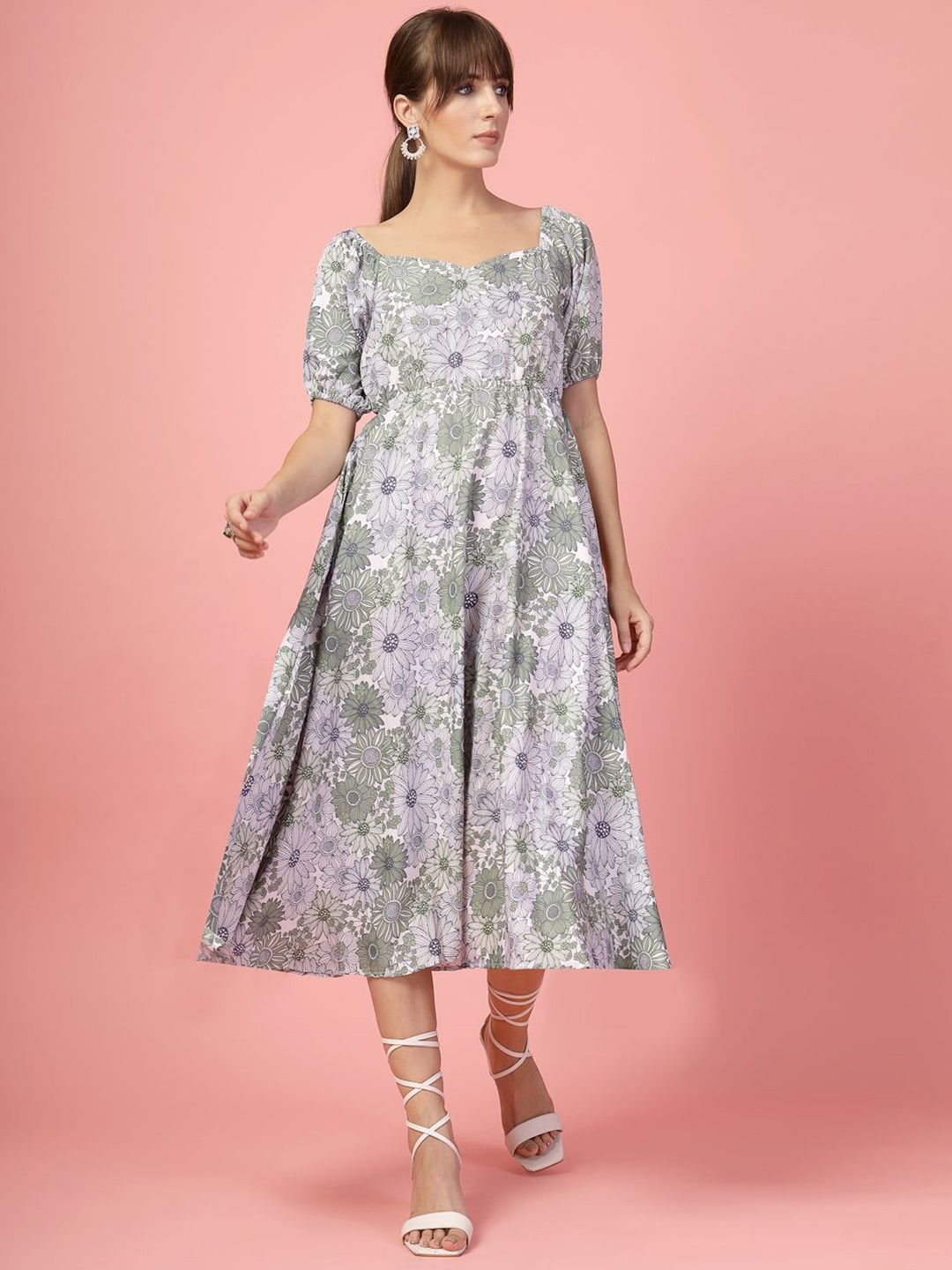 

Oomph! Women Floral Print Puff Sleeve Fit & Flare Midi Dress, Green