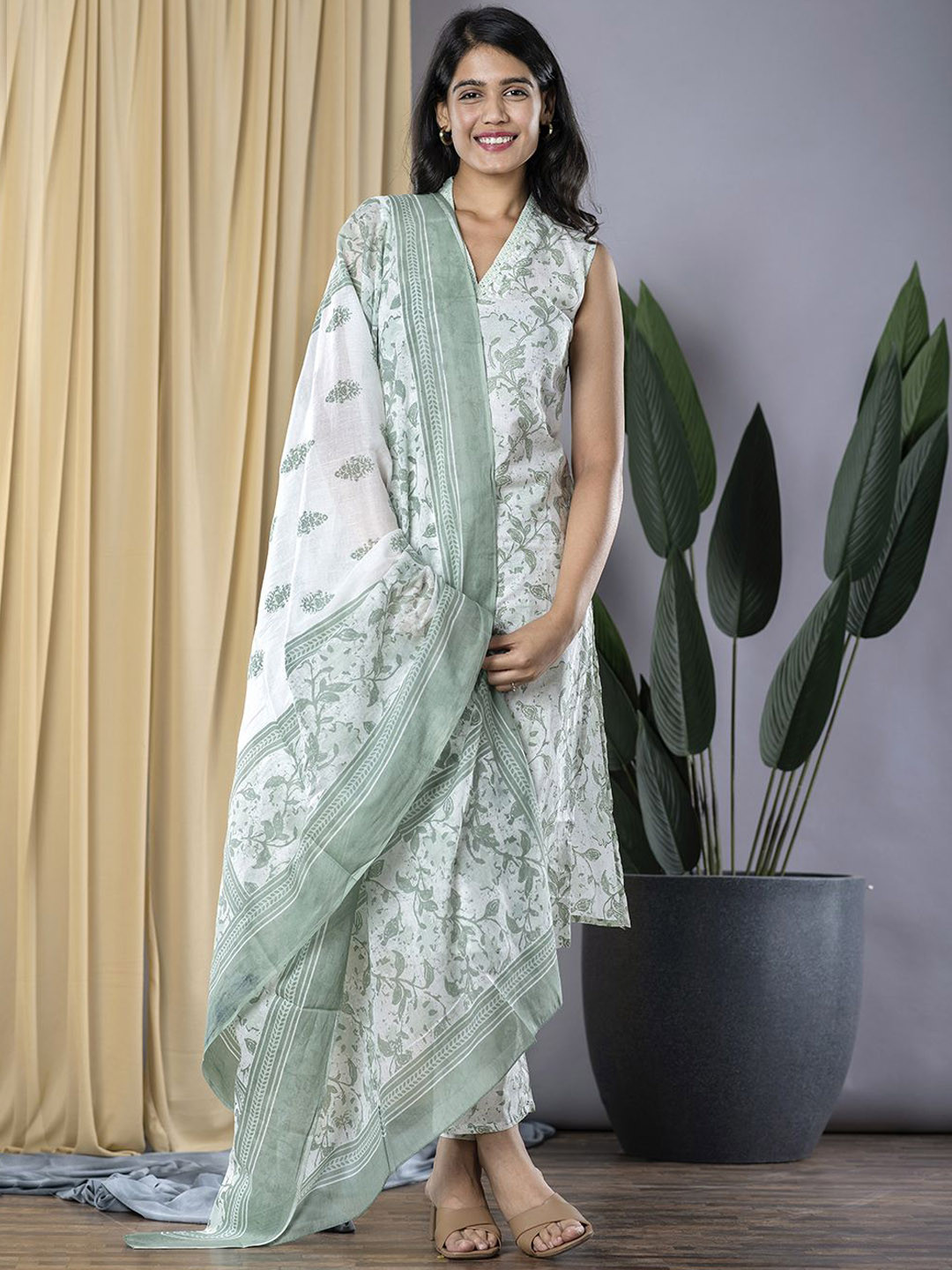 

KALINI Floral Printed Thread Work Pure Cotton Kurta with Trouser & Dupatta, Green