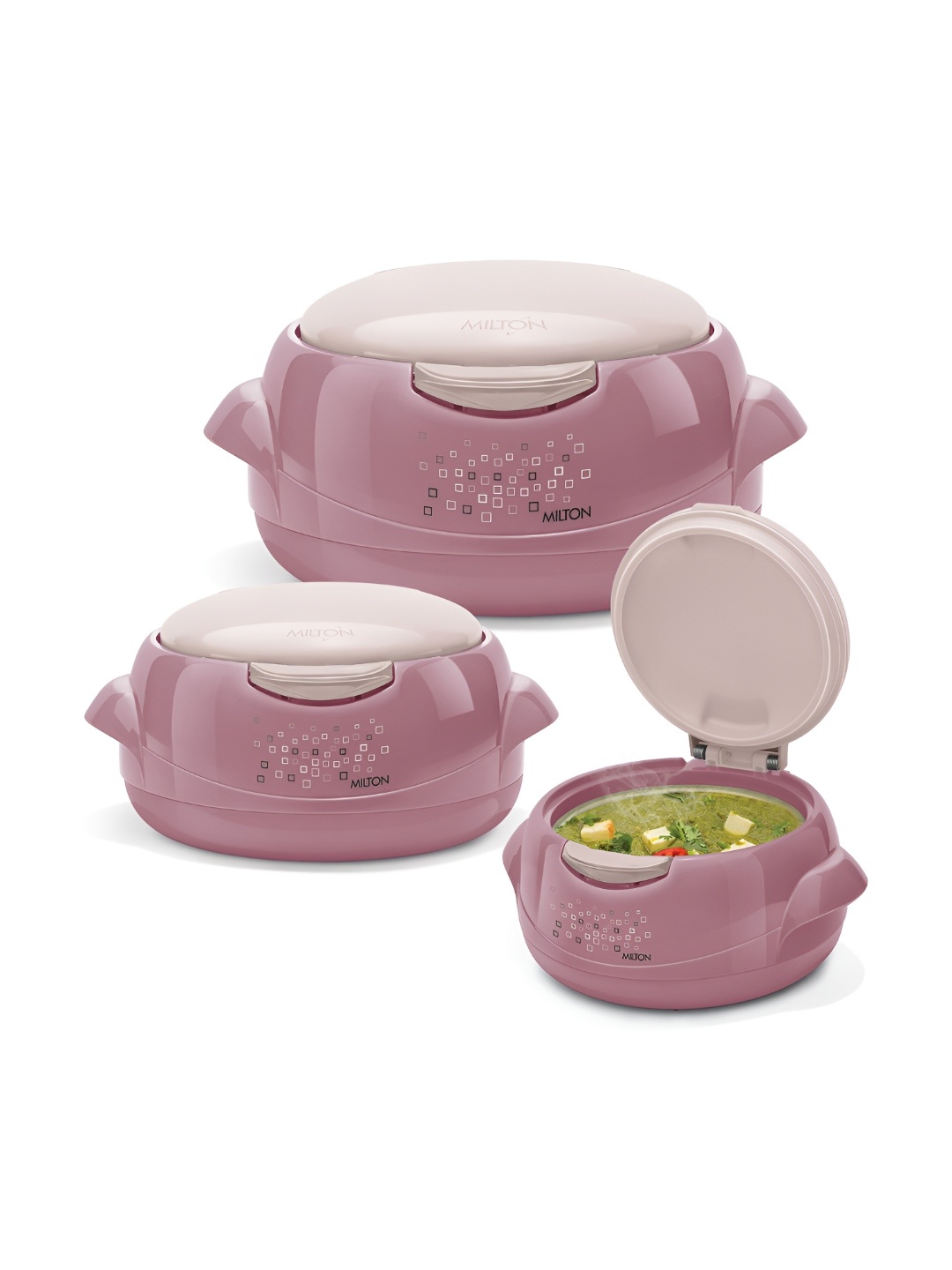 

Milton Microwow Jr. 3Pc Inner Stainless Steel Casseroles with One Touch Lid, Mauve
