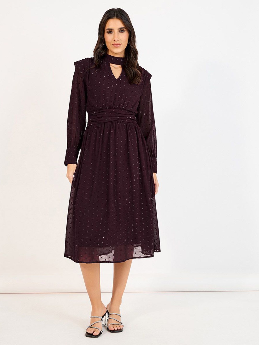 

Styli Women Burgundy Lurex Polka Dot A-Line Midi Dress