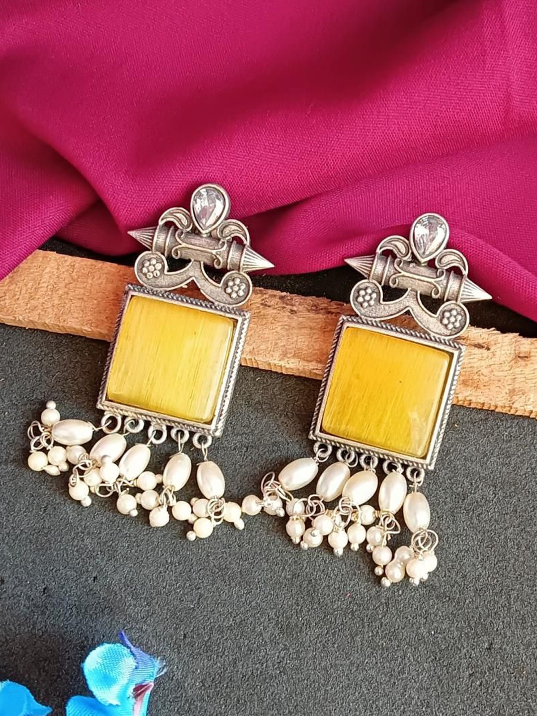 

Efulgenz Silver-Plated Oxidized Beaded Square Crystal Drop Earrings