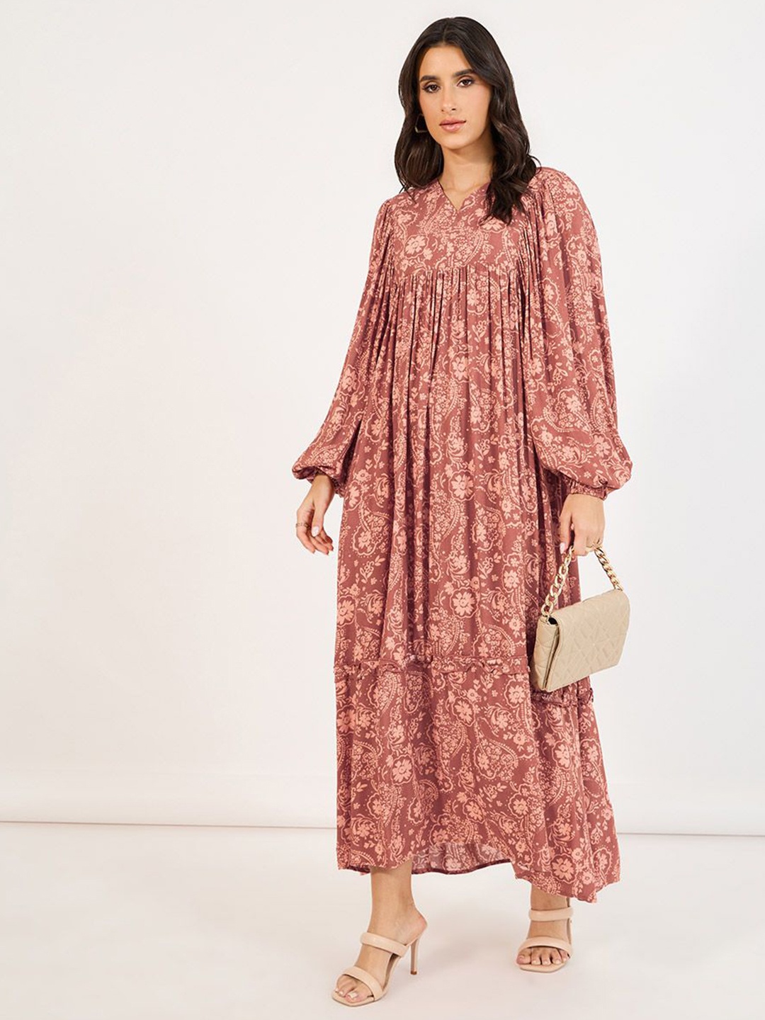 

Styli Women Ethnic Motifs Printed V-Neck A-Line Dress, Brown