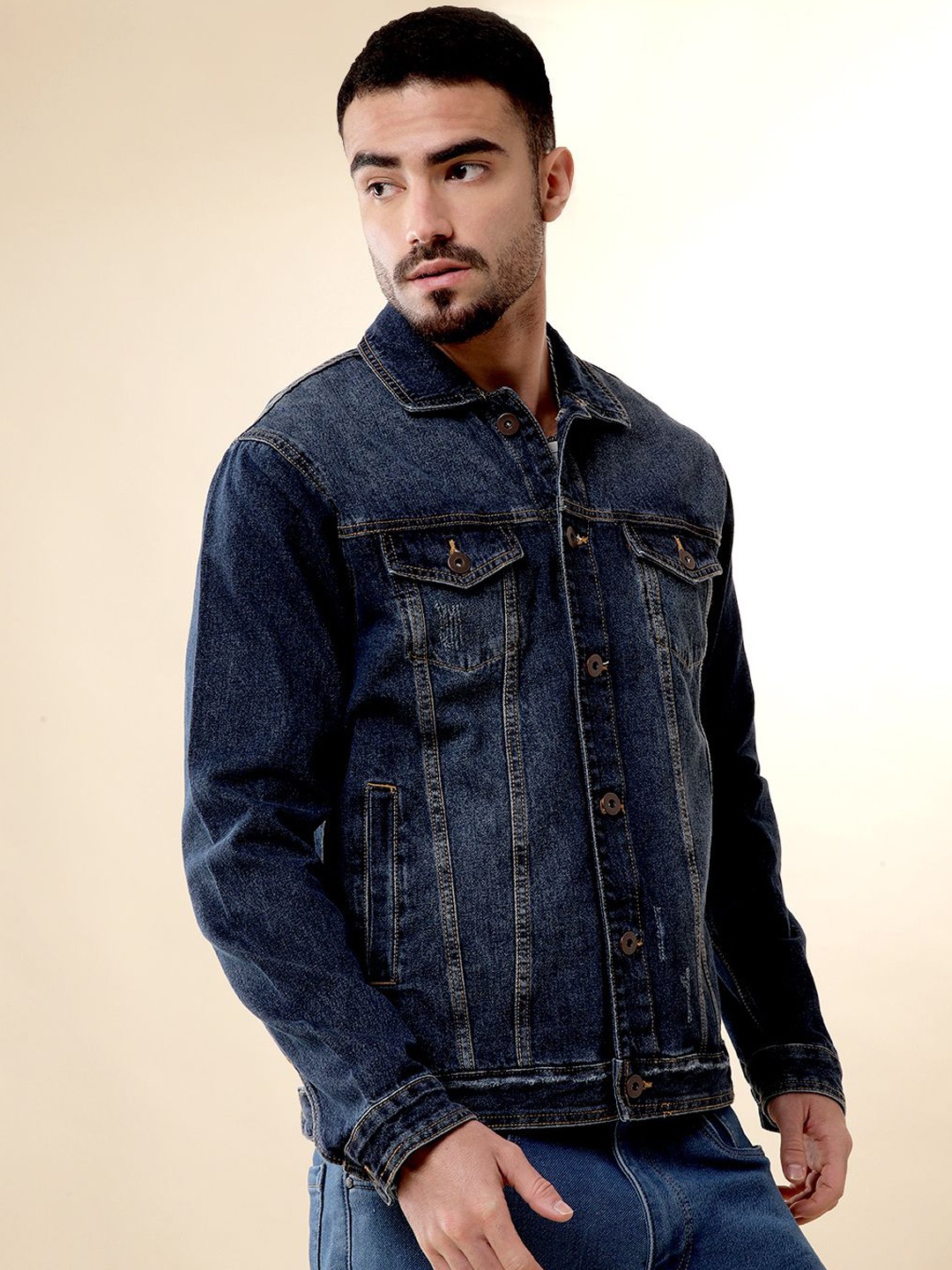 

WROGN Men Washed Denim Jacket, Navy blue