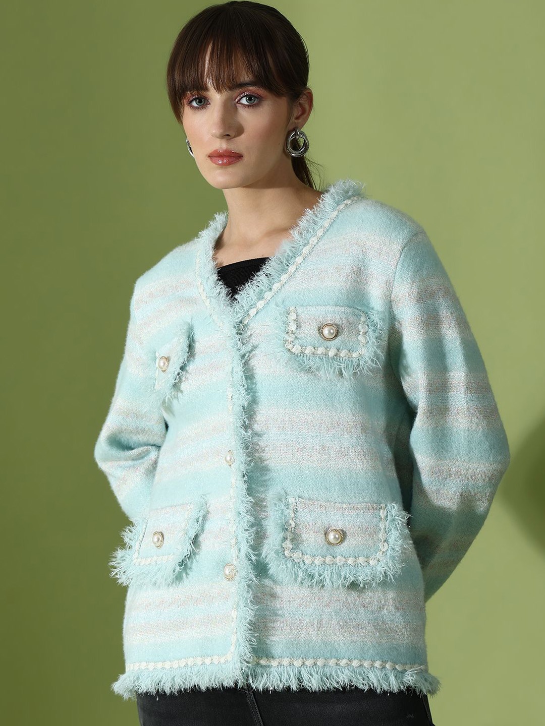 

Ziva Fashion Striped Woolen V-Neck Overcoat, Sea green