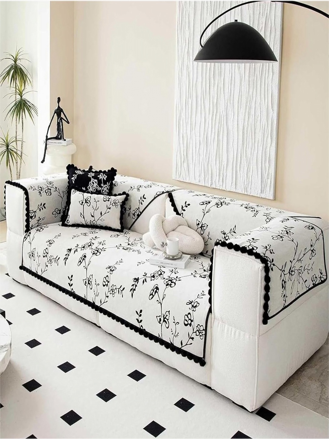

House of Quirk Fur Ball Chenille Non Slip Washable Sofa Cover Four Seater, White