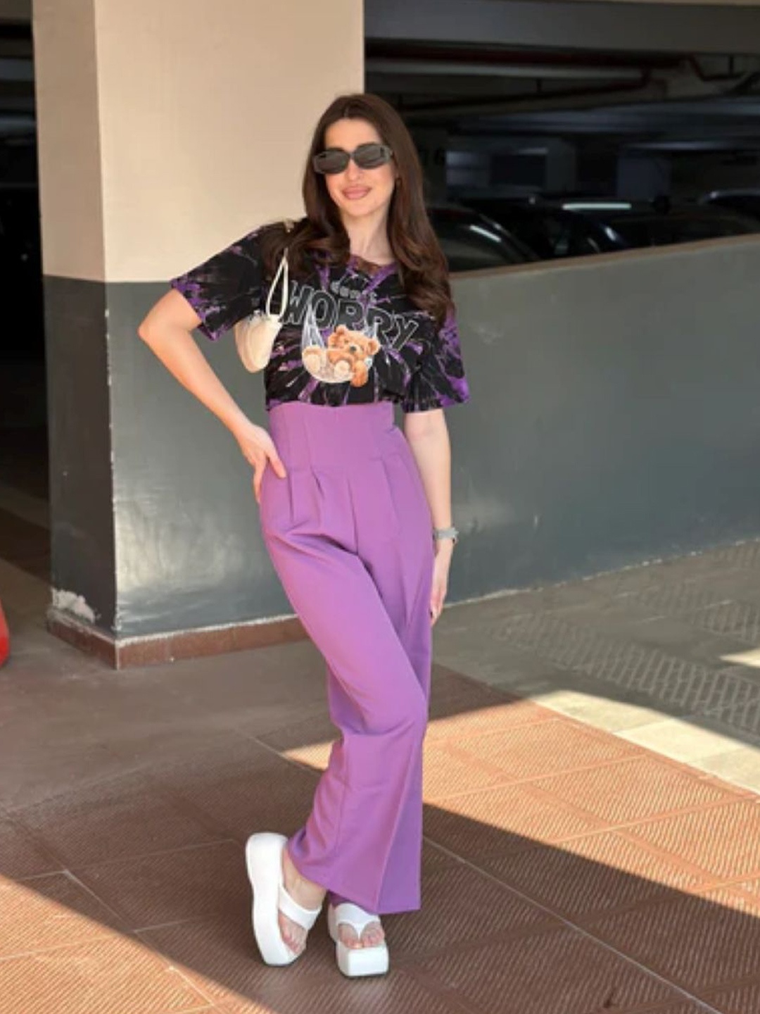 

StyleAsh Tie & Dye Round Neck Short Sleeves T-Shirt With Trousers, Lavender