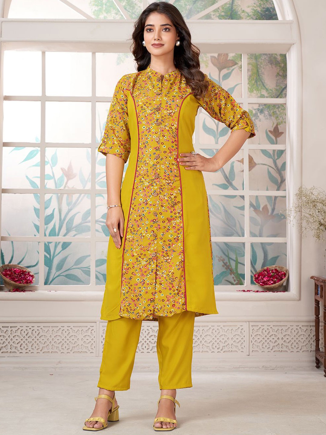 

KALINI Printed Straight Panelled Kurta With Palazzos, Yellow