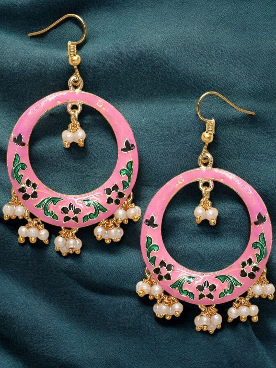 

Anouk Gold Toned Stone Studded & Beaded Floral Meenakari Drop Earrings