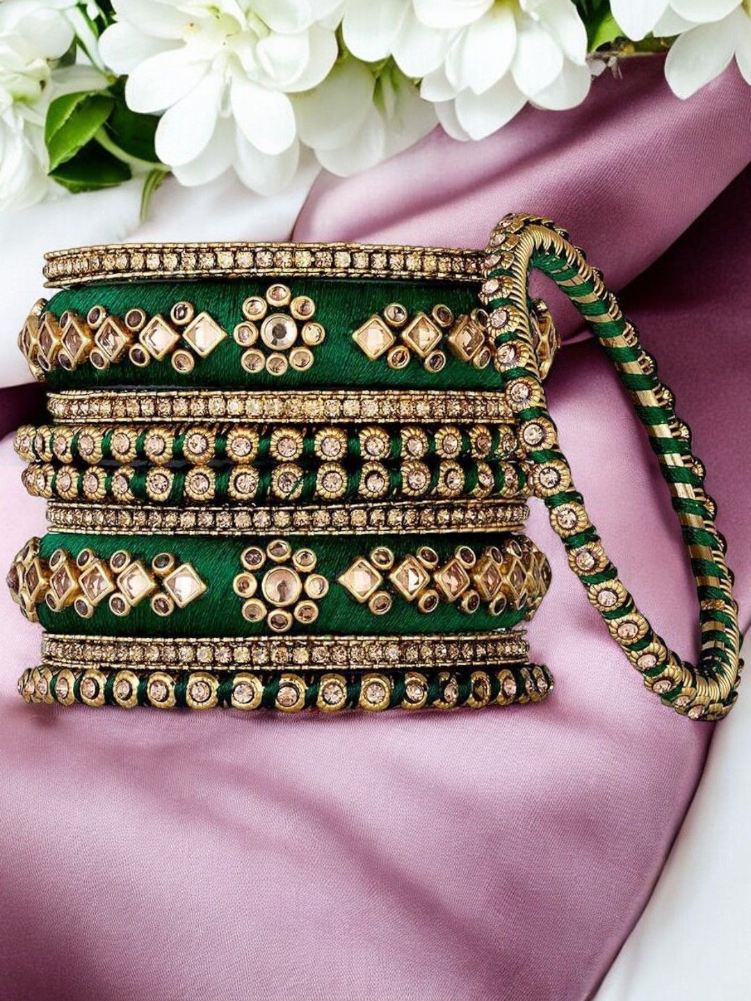 

Anouk Set Of 10 Kundan Studded Thread Bangles, Green
