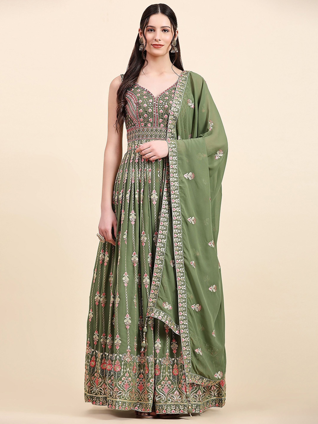 

VANAKARA Women Georgette Embroidered Gown Ethnic Dress With Dupatta, Lime green