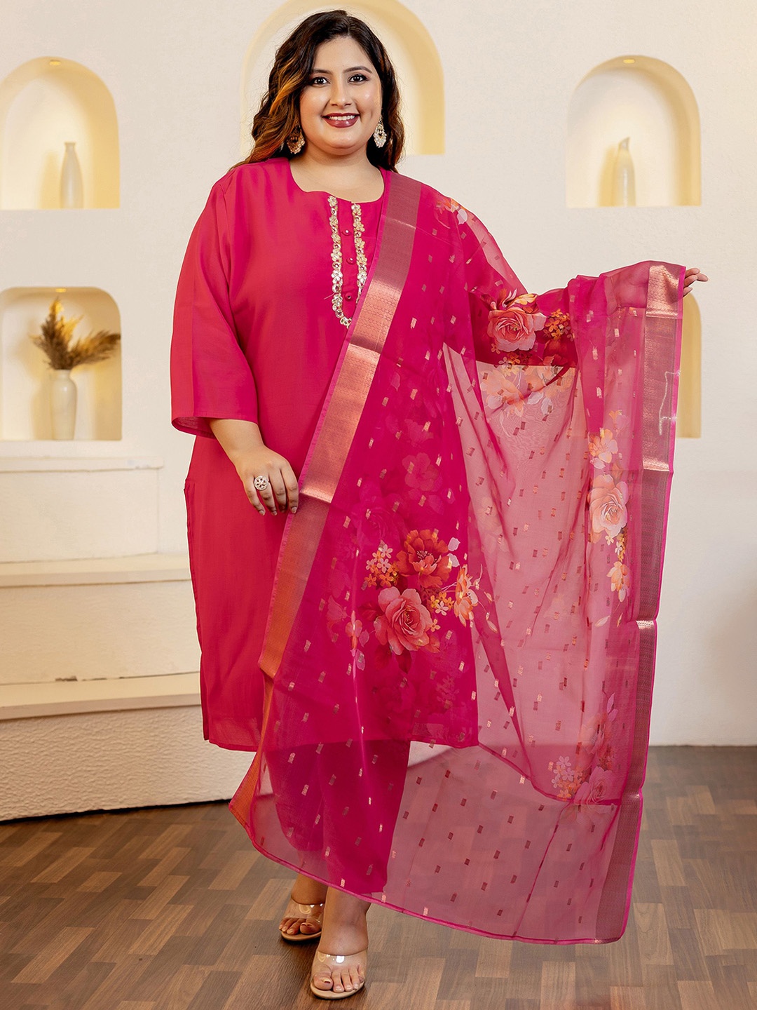 

LALI JAIPUR Plus Size Floral Yoke Design Sequined Pure Cotton Kurta With Trouser & Dupatta, Pink