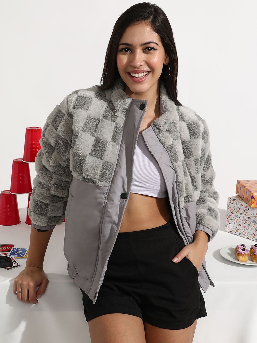 

Campus Sutra Fleece Self-Design Checked Padded Jacket, Grey