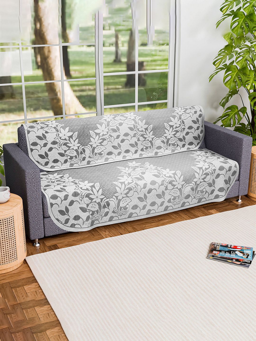 

Kuber Industries Grey & White 2 Pieces Printed 3-Seater Cotton Sofa Covers