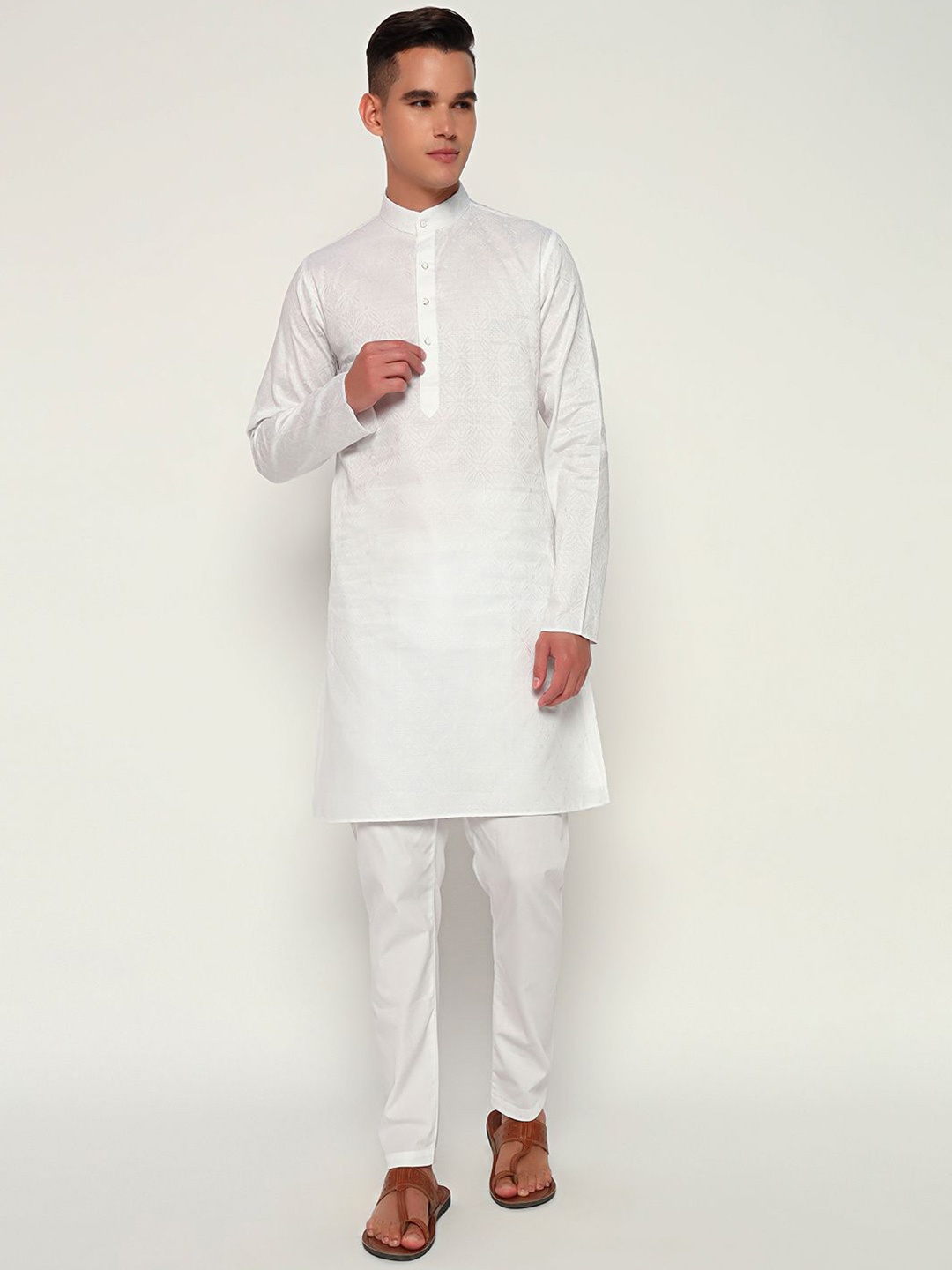 

ZARI Geometric Woven Design Jacquard Weave Mandarin Collar Cotton Straight Kurta, White