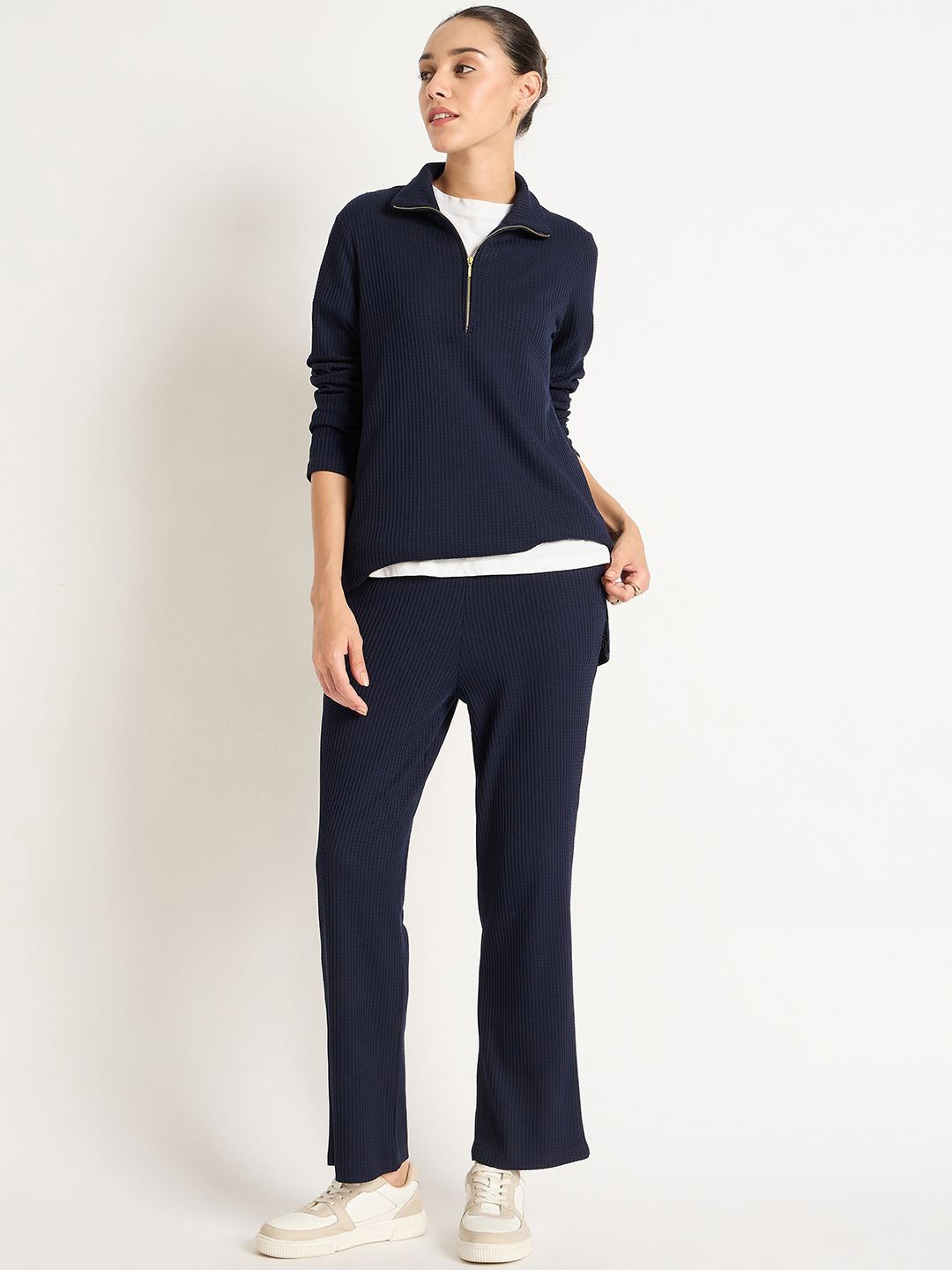 

FEMMELLA High Neck Self Design T-Shirt With Trouser, Navy blue