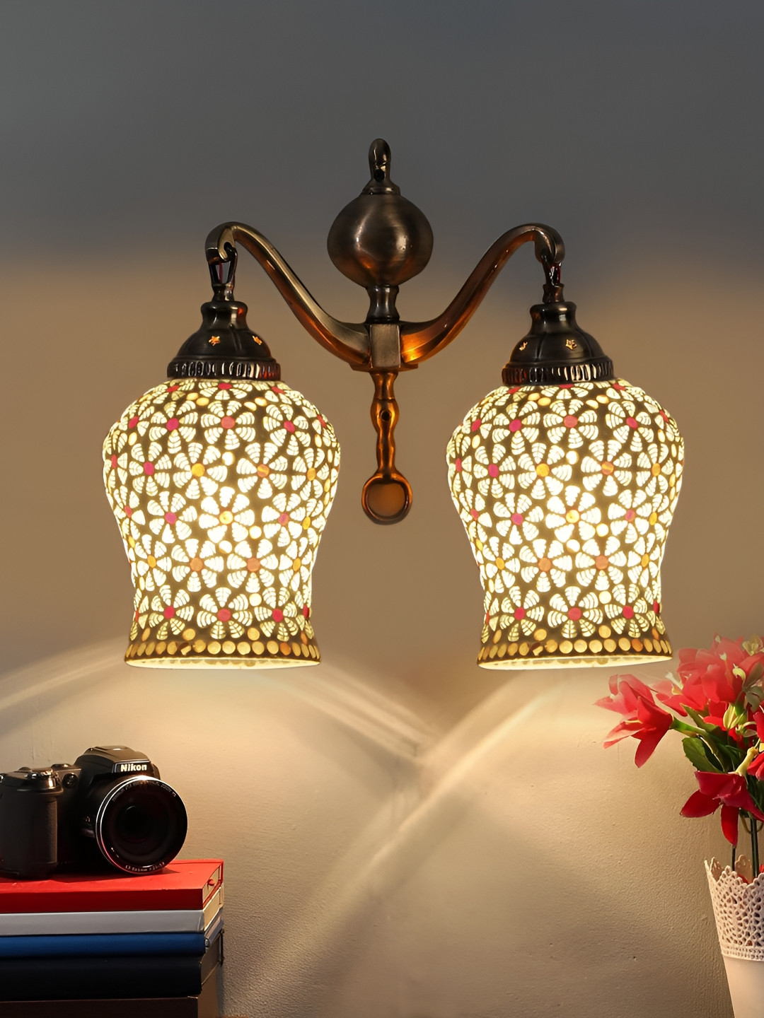 

Devansh White & Red Printed Metal Traditional Abstract Shaped Shaped Wall Lamp