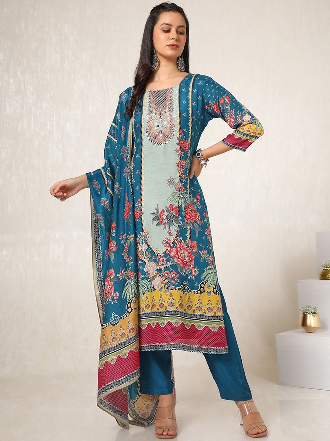 

Soch Floral Printed Straight Kurta with Trousers & Dupatta, Blue