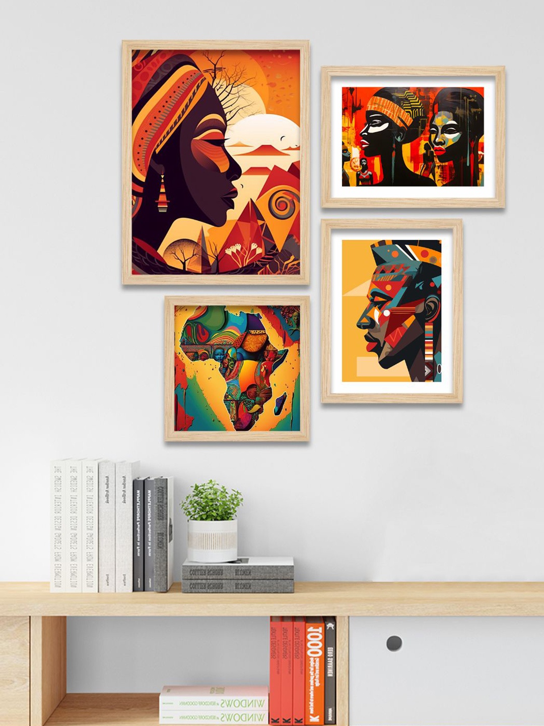 

ArtVibes Orange Colored & Yellow 4 Pieces Traditional African Women Wooden Wall Art
