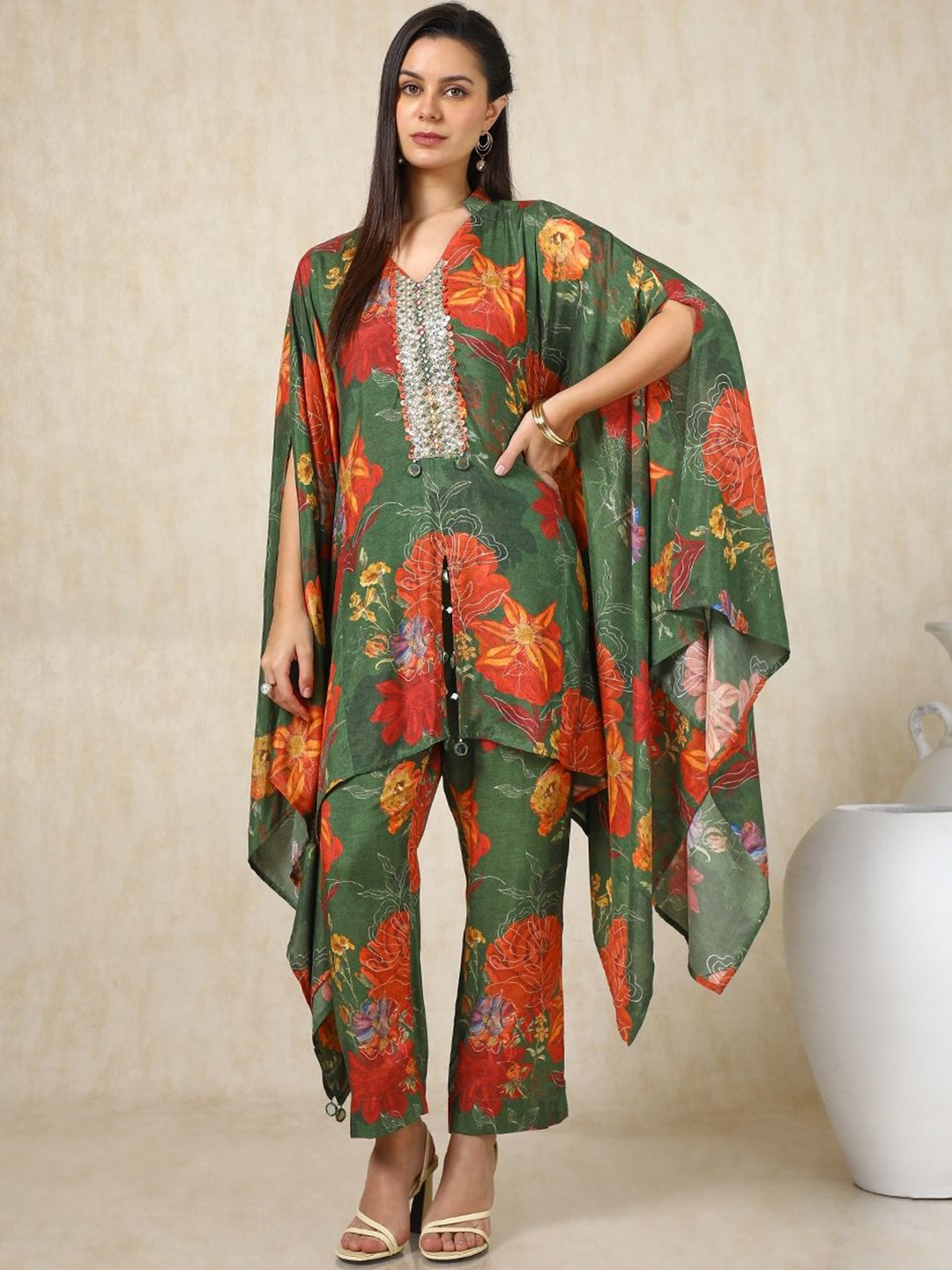 

Soch Green Floral Printed V-Neck Three-Quarter Sleeves Top With Trouser