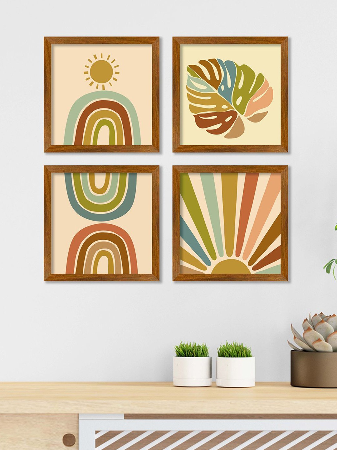 

ArtVibes Beige & Green 4 Pieces Abstract Printed Wooden Wall Arts