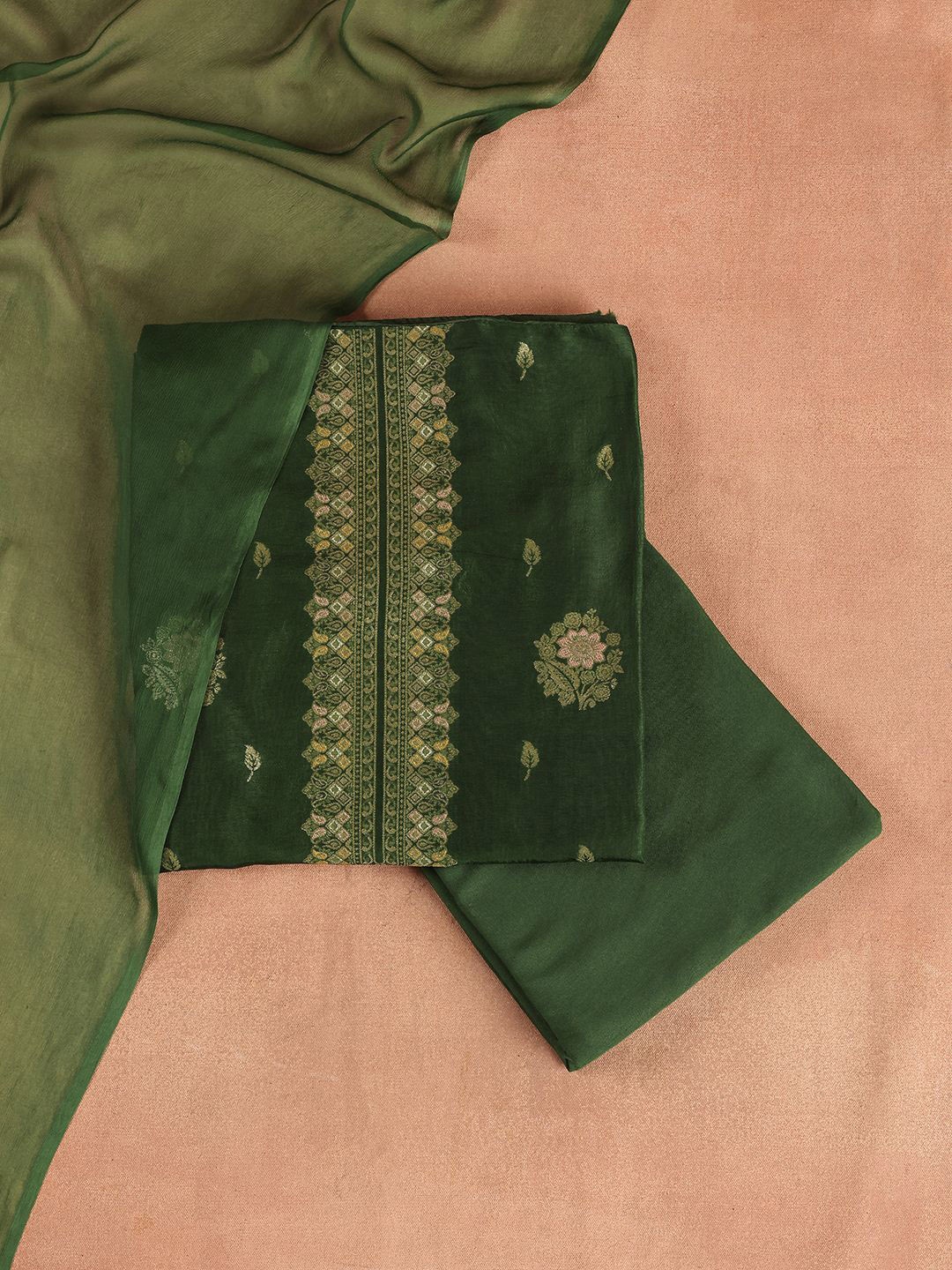 

Libas Green Floral Woven Design Zari Unstitched Dress Material