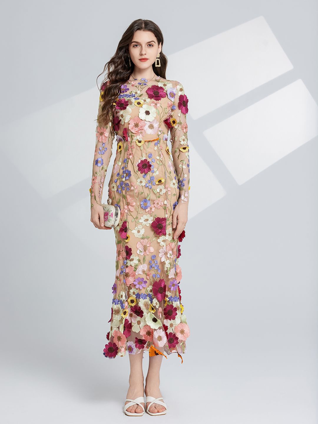 

JC Collection Floral Embroidered A-Line Midi Dress, Beige