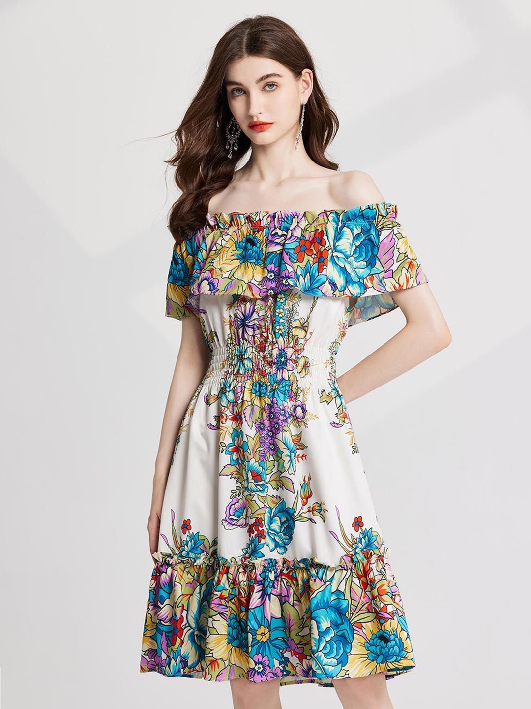 

JC Collection Women Floral Printed Off-Shoulder Fit & Flare Dress, White