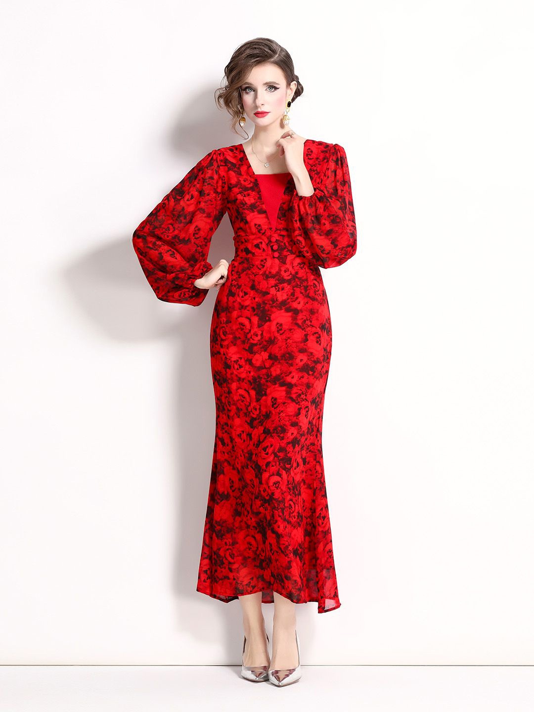 

JC Collection Women Floral Printed Puff Sleeve Sheath Dress, Red