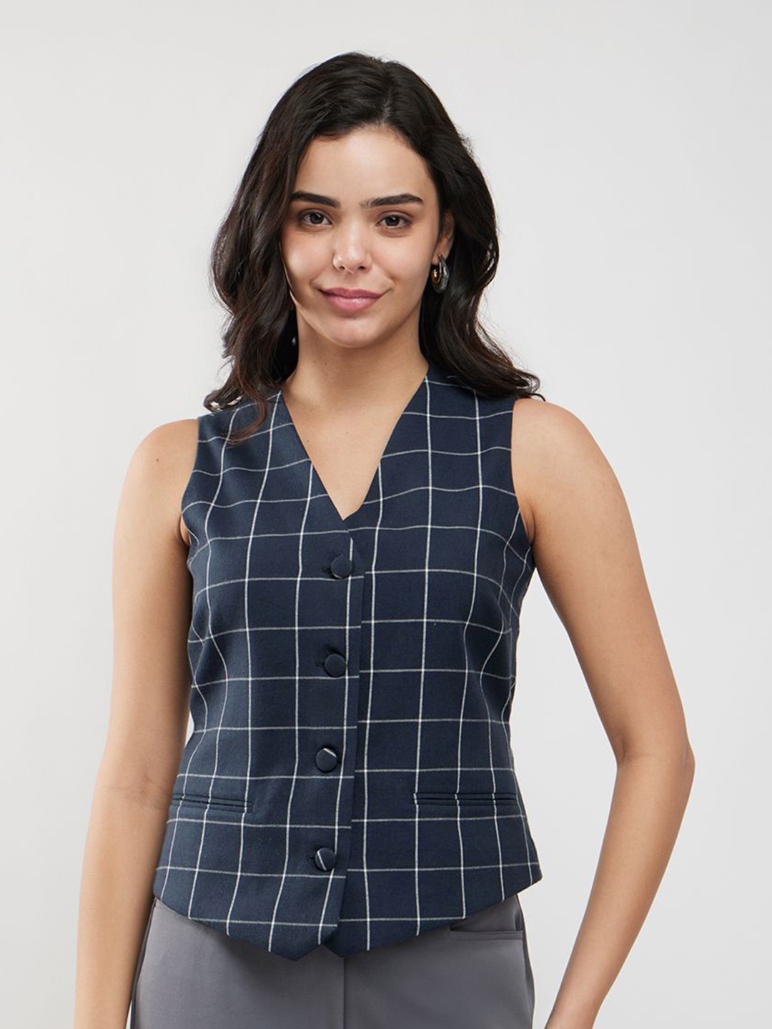 

FableStreet V-Neck Checked Cotton Top, Navy blue