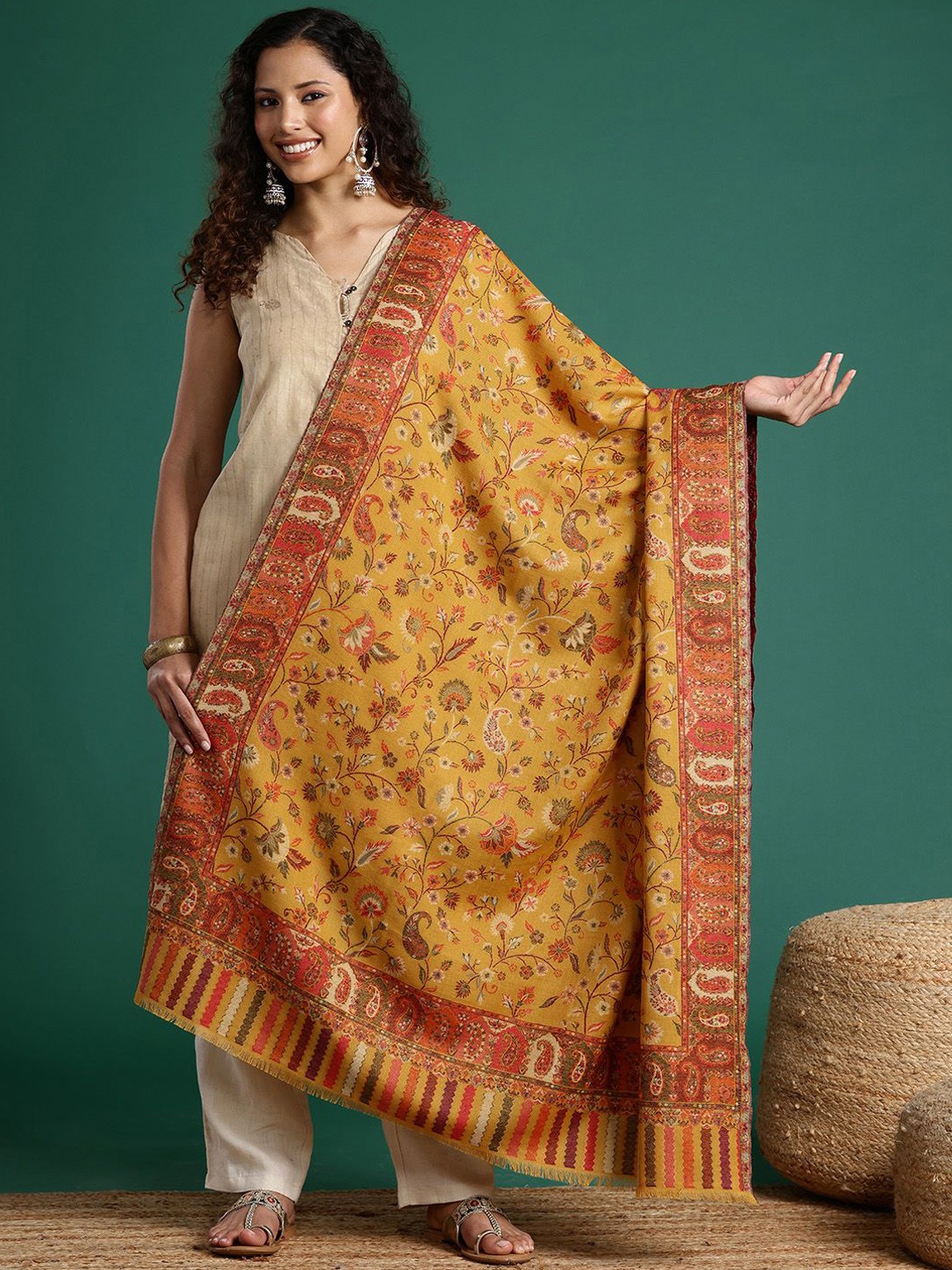 

Sangria Floral Printed Shawl, Mustard