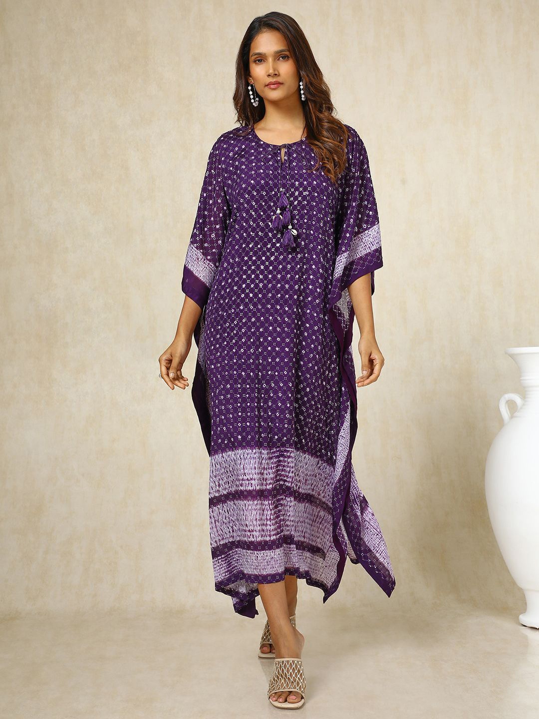 

Soch Women Embellished Tie-Up Neck Kaftan Maxi Dress, Purple