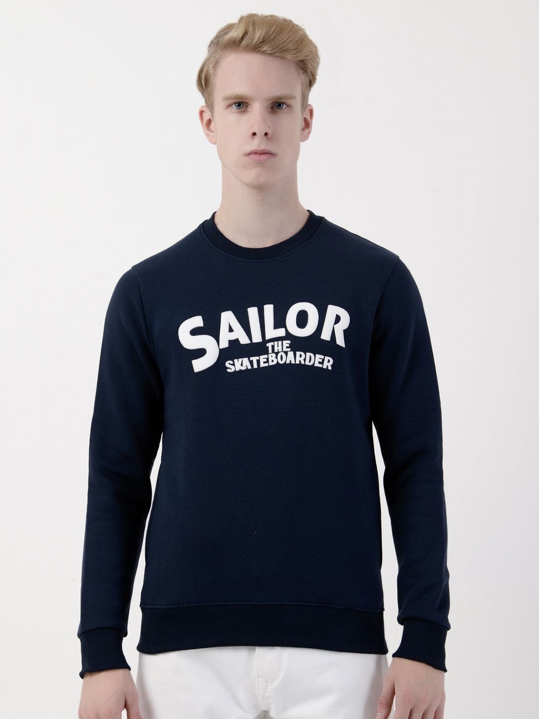 

Albion By CnM Men Typography Printed Cotton Sweatshirt, Navy blue