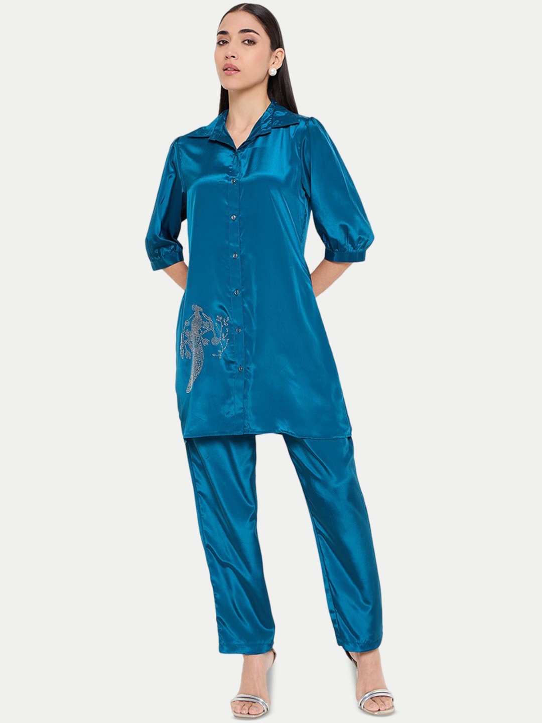 

Imfashini Embellished Shirt Collar Three-Quarter Sleeves Shirt With Trouser, Teal