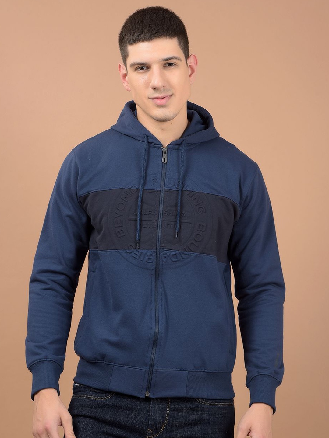 

Dollar Men Cotton Hooded Colourblocked Front-Open Sweatshirt, Blue