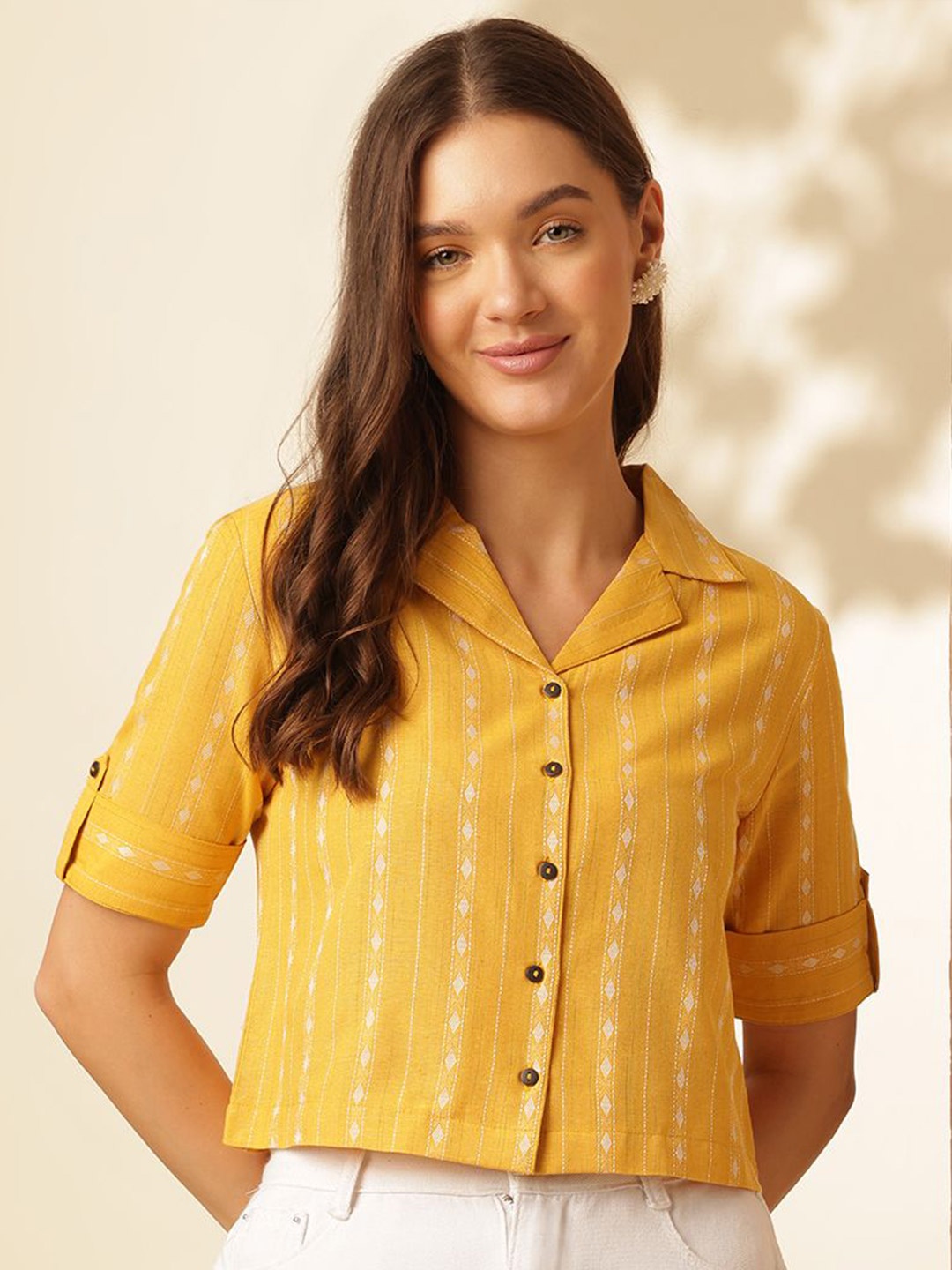 

Anouk Women Geometric Print Cotton Shirt Style Top, Yellow