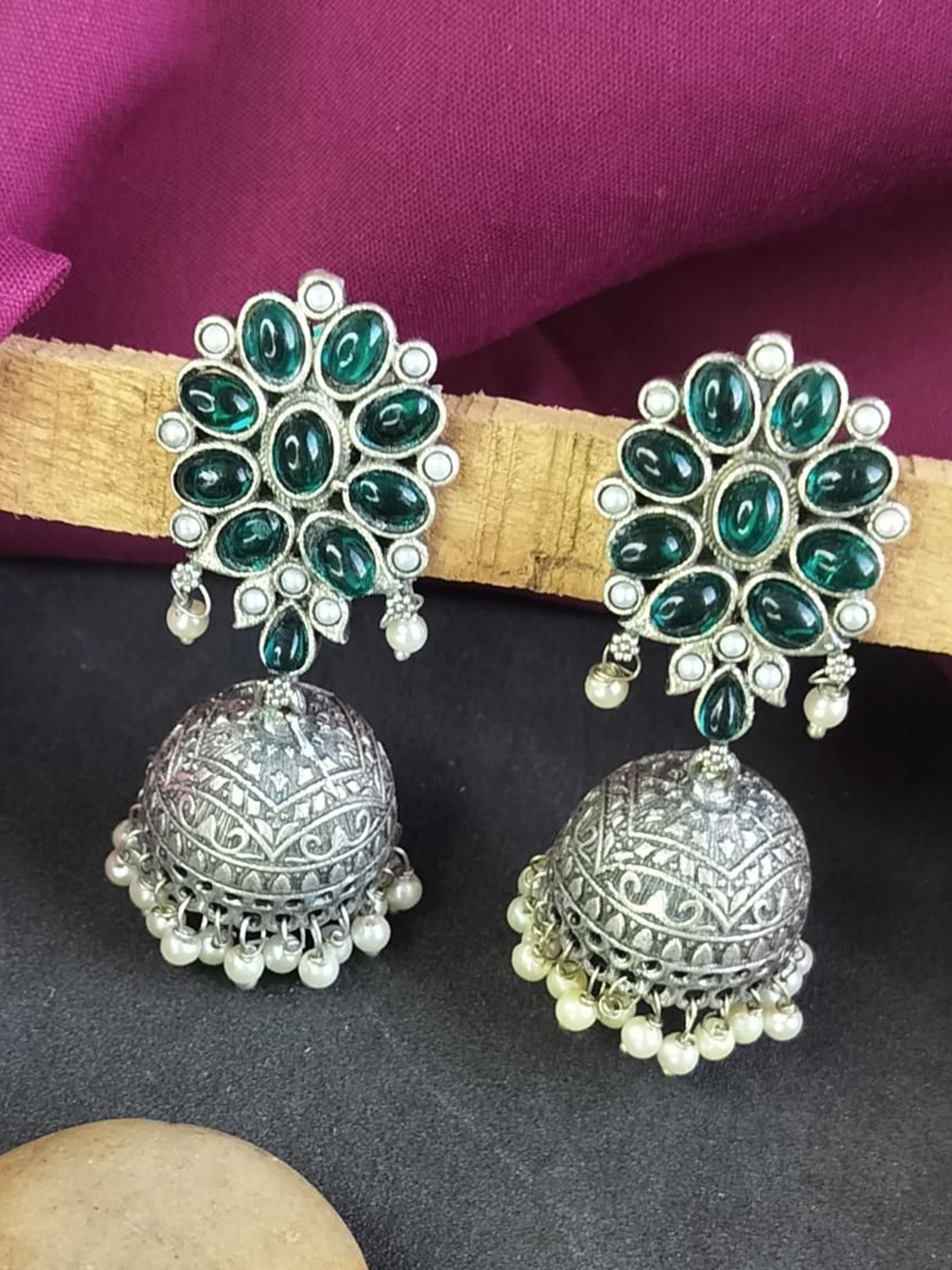 

Efulgenz Silver Plated Crystal Studded Dome Shaped Jhumkas