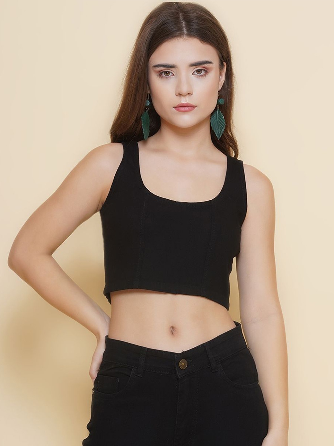 

PUELLA Women Scoop Neck Sleeveless Crop Top, Charcoal
