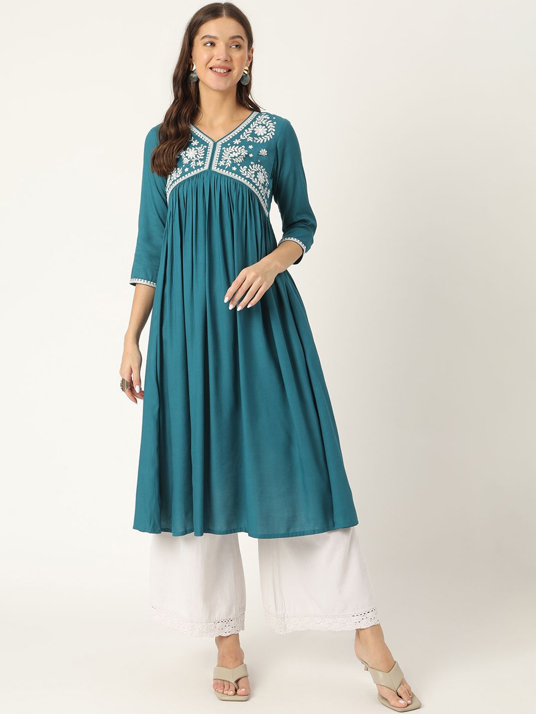 

Ashlee Floral Embroidered Pleated A-Line Kurta, Blue