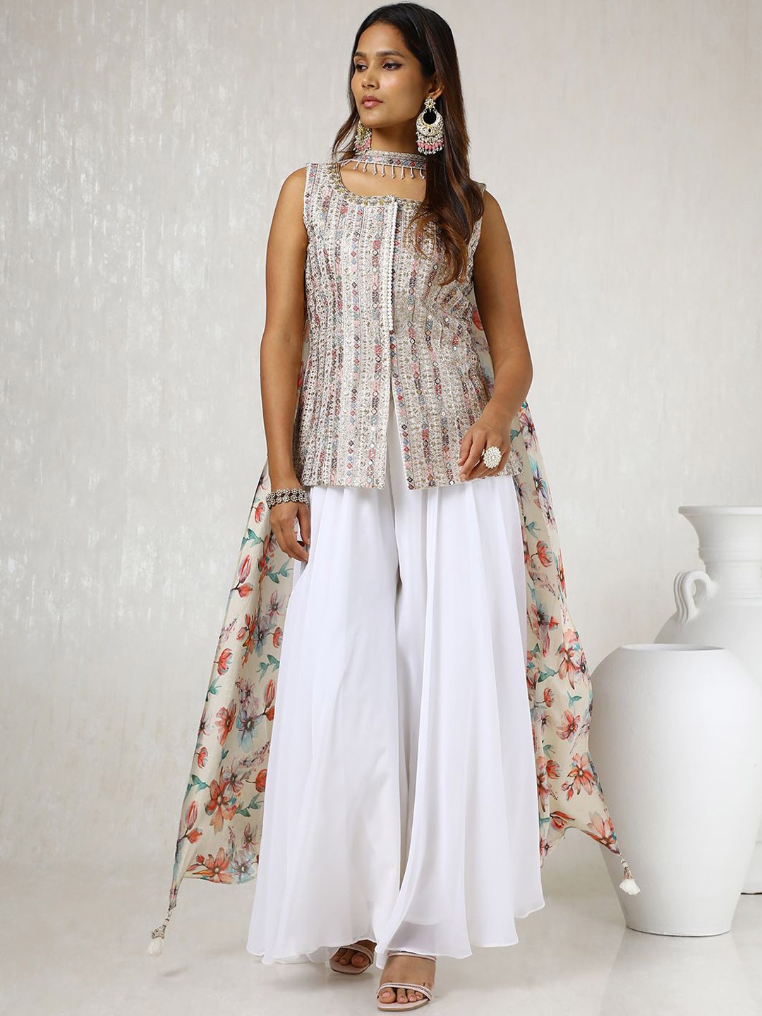 

Soch Ethnic Motifs Embroidered Sequinned Straight Kurti with Palazzos & Dupatta, Off white