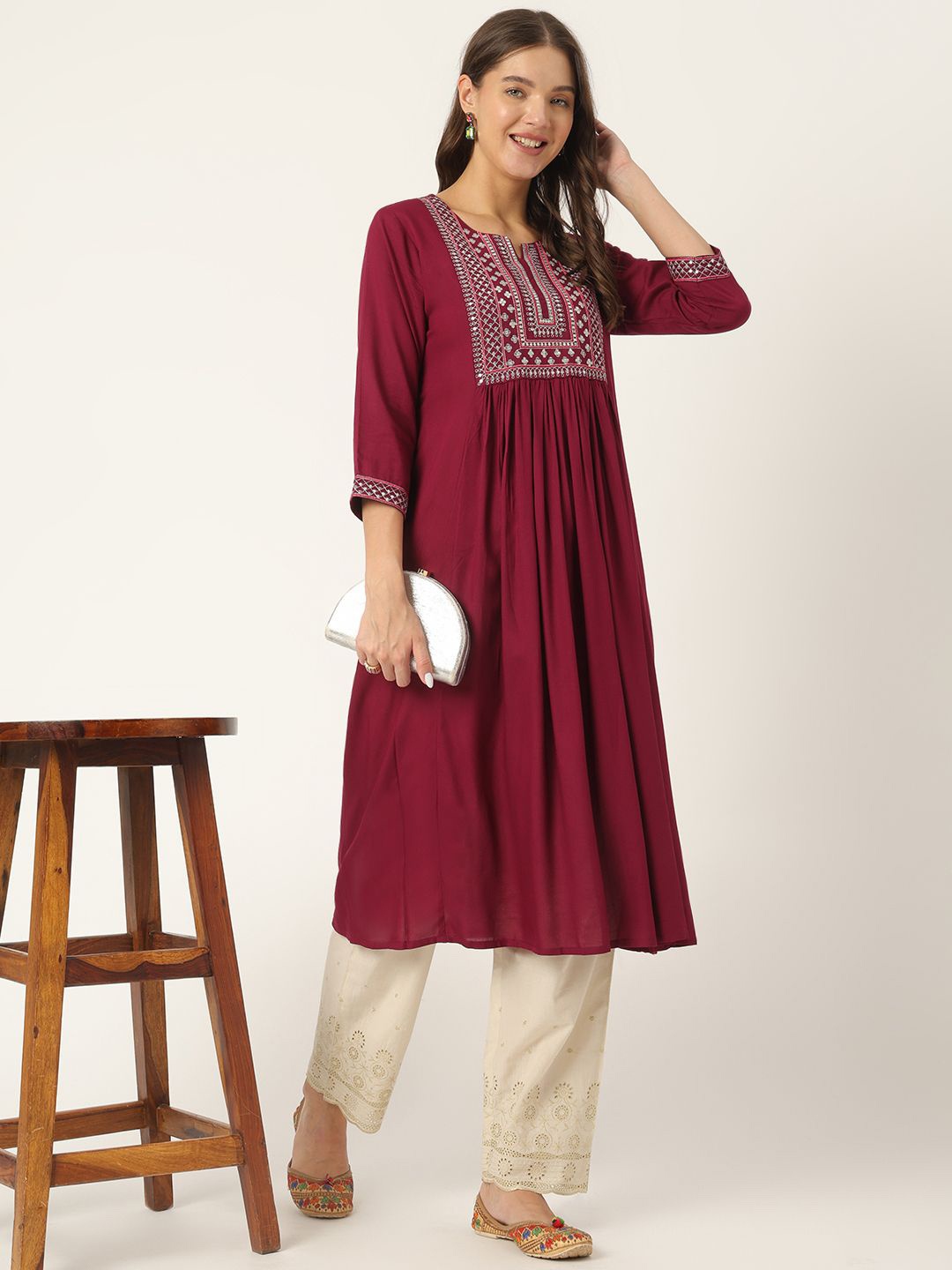 

Ashlee Ethnic Motifs Embroidered Sequinned Pleated A-Line Kurta, Magenta