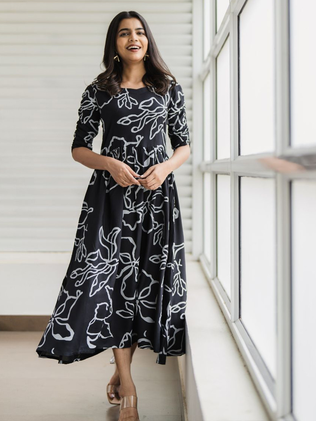 

HAY Floral Printed Fit and Flare Dress, Black