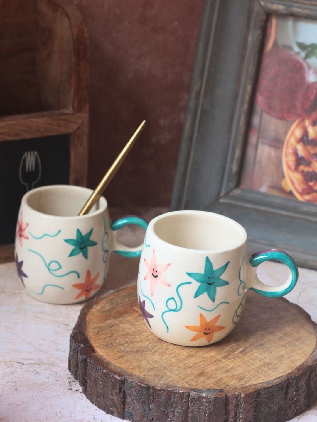

WEAVING HOMES White & Blue 2 Pieces Printed Ceramic Glossy Mugs 250 ml