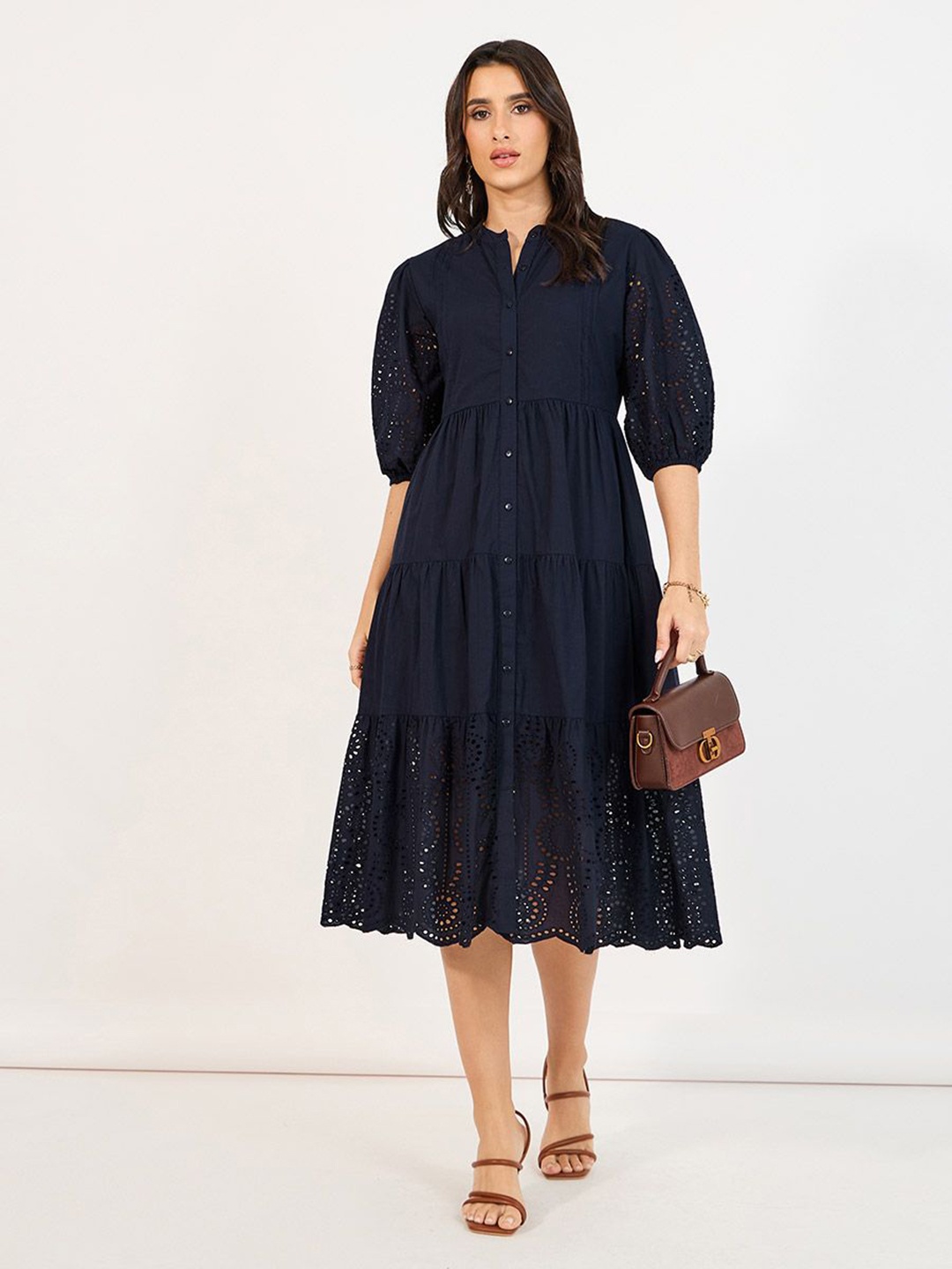 

Styli Women Self Design Mandarin Collar Short Sleeves A-Line Midi Dress, Navy blue