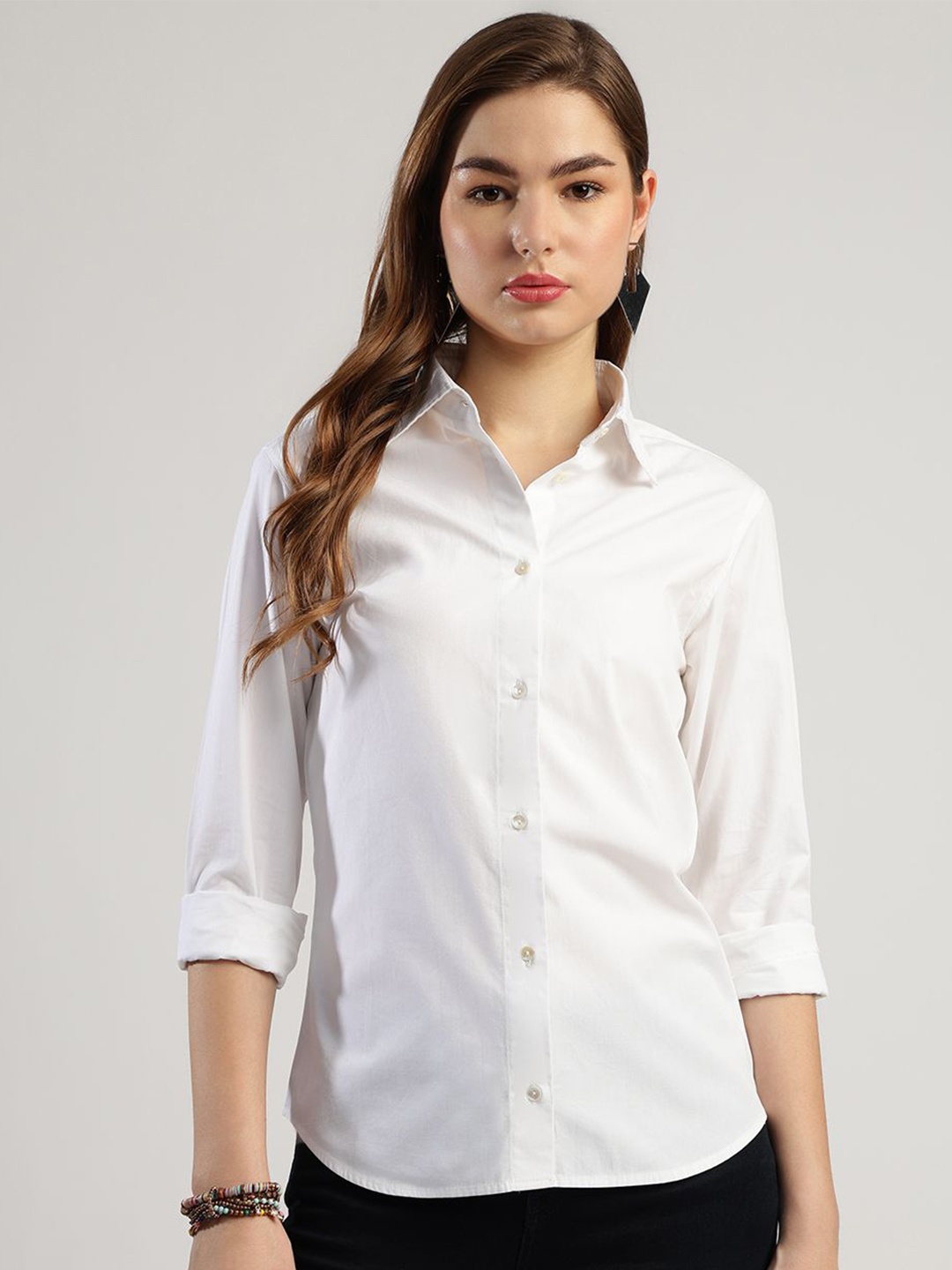 

T TRYON ULTIMATE Women Classic Spread Collar Solid Cotton Casual Shirt, White
