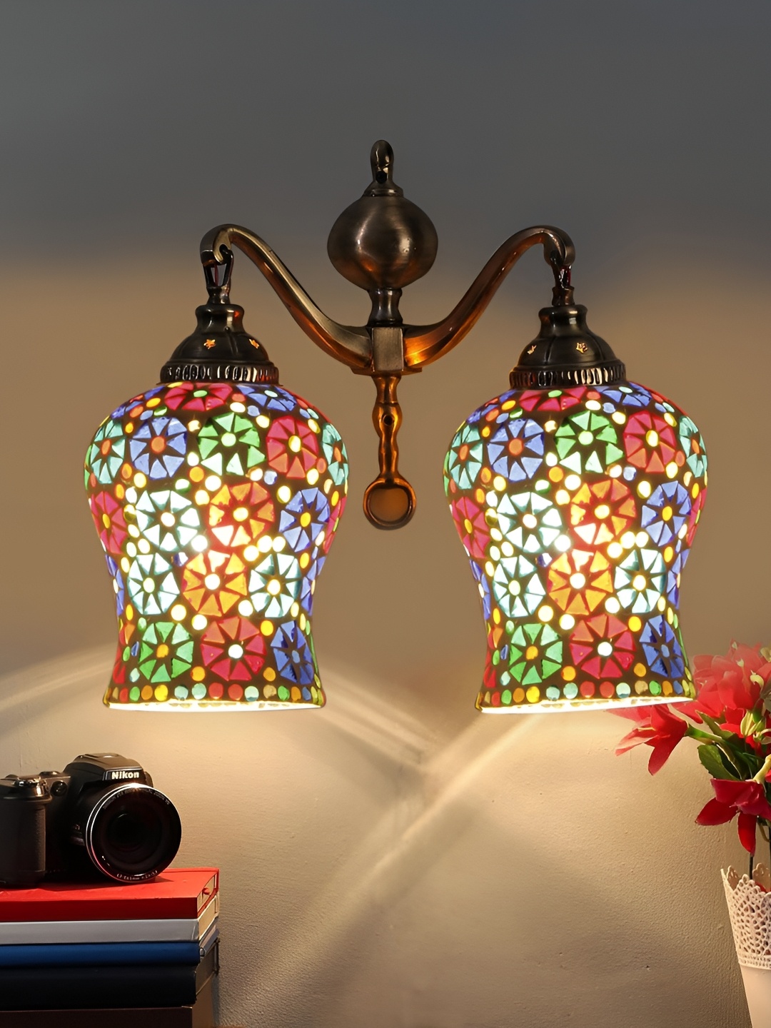 

Devansh White & Gold-Toned Floral Printed Metal Contemporary Bell Shaped Wall Lamp