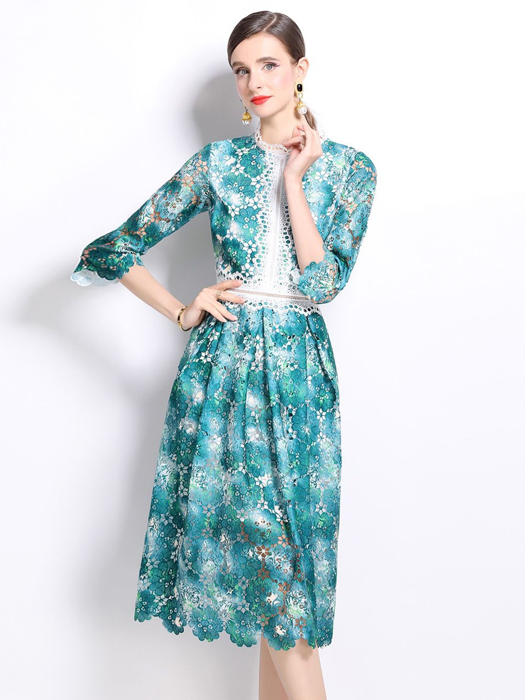 

JC Collection Women Floral Printed Lace Details Fit & Flare Knee Length Dress With Belt, Green