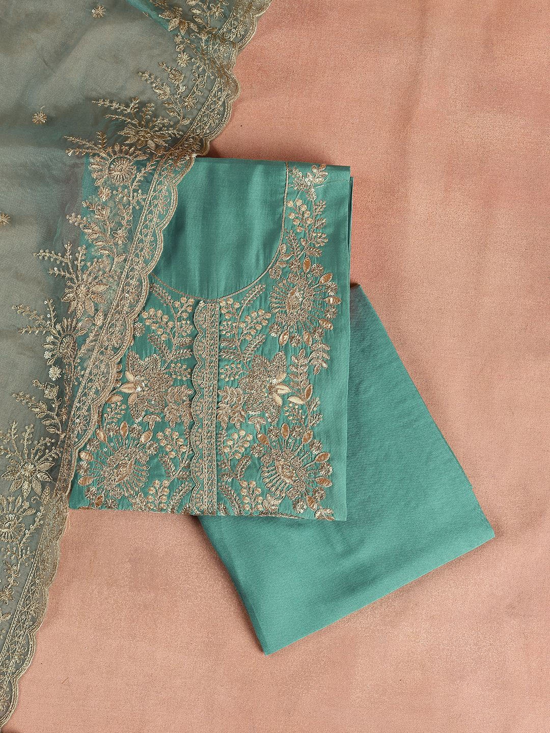 

Libas Green Floral Embroidered Zari Unstitched Dress Material