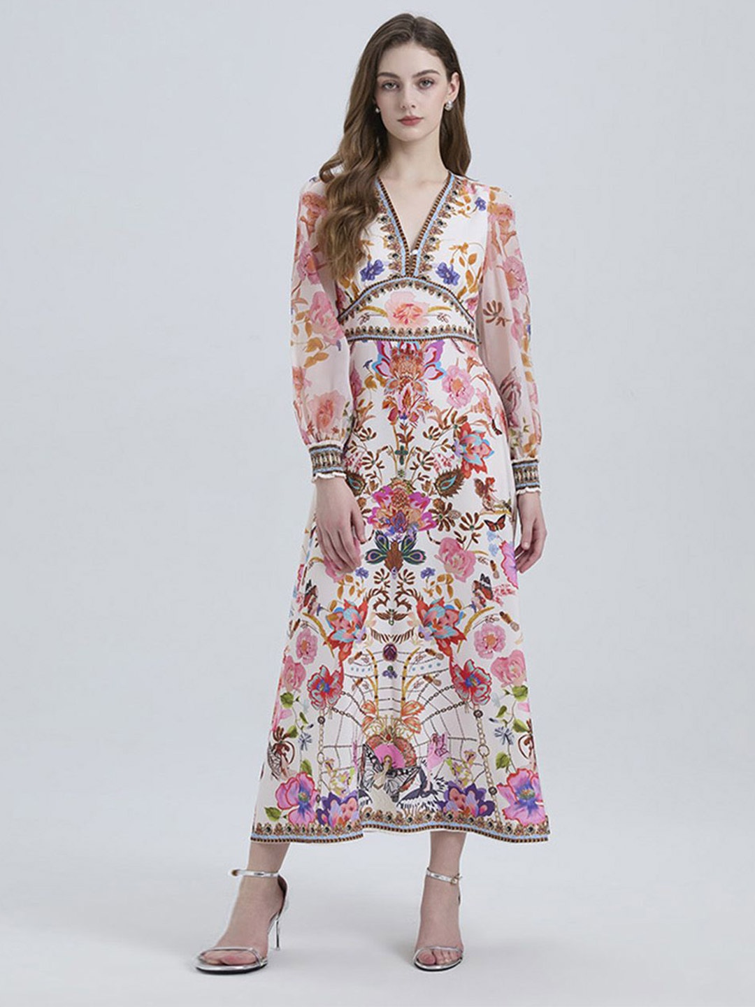 

JC Collection Women V-Neck Floral Printed A-Line Dress, White